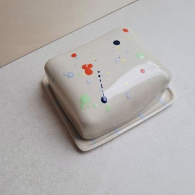 Skelini - Keramik Butterdose handgemacht bunt und hell blau