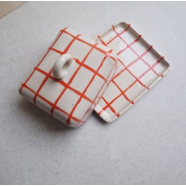 Skelini - Keramik Butterdose handgemacht orange mit Henkel rund