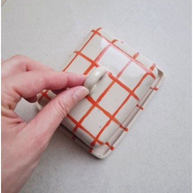 Skelini - Keramik Butterdose handgemacht orange mit Henkel rund