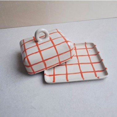 Skelini - Keramik Butterdose handgemacht orange mit Henkel rund