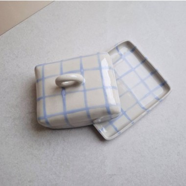 Skelini - Keramik Butterdose handgemacht hell blau mit Henkel rund