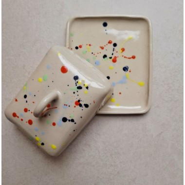 Skelini - Keramik Butterdose handgemacht bunt mit Henkel