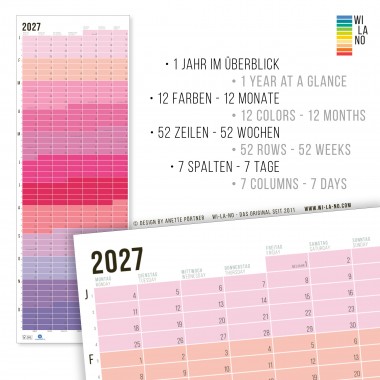 2027 Wandkalender „Pink-Rosé-Violett-Lila“ - Das Original von Wi-La-No | Jahresplaner | Limited Edition | 100% Recyclingpapier | beidseitig bedruckt