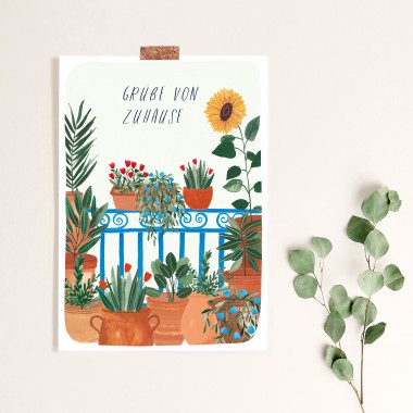 Paperlandscape | Faltkarte "Grüße von Zuhause" | botanisch | Pflanzen | Aquarell Balkon | Urlaub | Reisen auf Balkonien | Sonnenblume