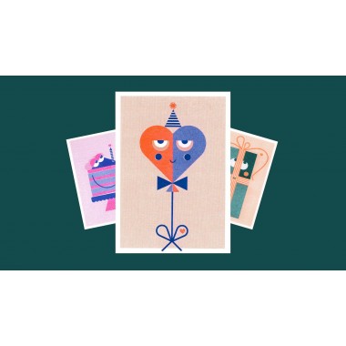 3 Geburtstagskarten Grußkarten / verschiedene Motive / Risographie / neon orange + pink + wald grün + blau