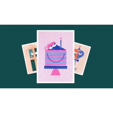 3 Geburtstagskarten Grußkarten / verschiedene Motive / Risographie / neon orange + pink + wald grün + blau