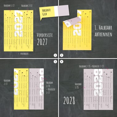 Wandkalender 2027 und 2028, 24 Monate verwendbar, A1-Jahresplaner, 2-Jahres-Kalender, Halbjahre abtrennbar, gelb // sperlingB.design