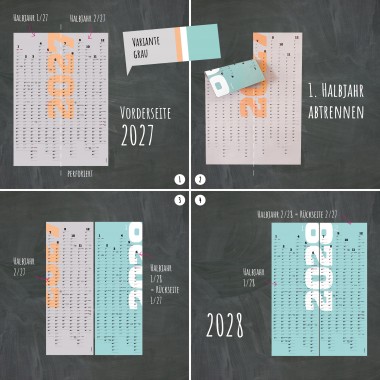 A1-Jahresplaner 2027 und 2028, 2-Jahres-Kalender, Halbjahre abtrennbar, Wandkalender 24 Monate verwendbar, grau // sperlingB.design
