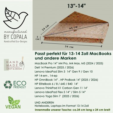 Kork Laptop Hülle mit farbigen Akzenten, MacBook Tasche, 13 - 14 Zoll Case BY COPALA