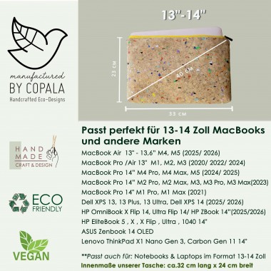 Laptop-Hülle 13 " - 14 " Zoll aus Kork mit Farb-Akzenten & gelbem Zipper, nachhaltige Laptop Tasche BY COPALA
