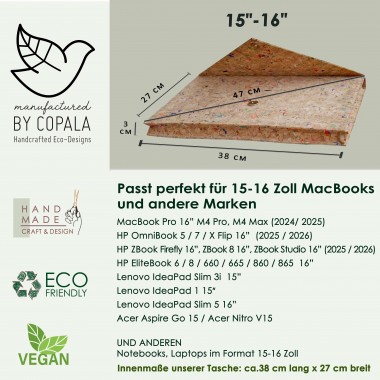 Gefütterte 15–16 Zoll Kork Laptoptasche | Nachhaltige vegane Laptop Hülle: Magnetverschluss, wasserabweisend - MacBook Air/Pro, Farbakzenten