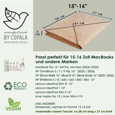 Gefütterte 15–16 Zoll Laptoptasche aus Kork | Nachhaltige vegane Laptop Hülle - Magnetverschluss, wasserabweisend für MacBook Air/Pro, Natur
