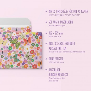 Bunte Briefumschläge mit Blumenwiese | Set aus 8 DIN C5 Kuverts - My Pretty Circus
