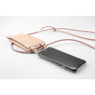 iPhone case zum umhängen mit geflochtener Lederkordel und abnehmbarer Tasche, Rosé/silber