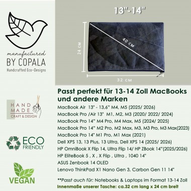 Gefütterte nachhaltige Laptop Hülle 13–14" aus Blattleder – Vegane, handgenähte & wasserabweisende Laptoptasche MacBook Air/Pro - grau/braun