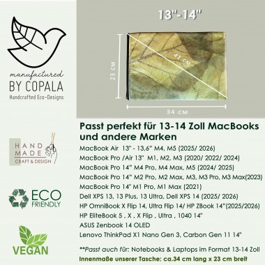 Nachhaltige vegane 13–14 Zoll Laptoptasche aus Blättern, MacBook Hülle – Vegan Leder mit Zipper in grün