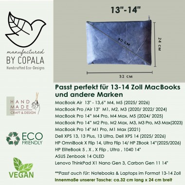 Gefütterte nachhaltige Laptop Hülle 13–14" aus Blattleder – Vegane, handgenähte & wasserabweisende Laptoptasche für MacBook Air / Pro - blau