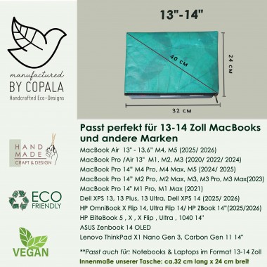 Gefütterte nachhaltige Laptop Hülle 13–14" aus Blattleder – Vegane, handgenähte & wasserabweisende Laptoptasche für MacBook Air/Pro - türkis