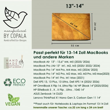 Gefütterte nachhaltige Laptop Hülle 13–14" aus Blattleder – Vegane, handgenähte & wasserabweisende Laptoptasche für MacBook Air / Pro in gelb