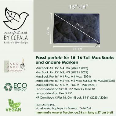 Gefütterte nachhaltige Laptop Hülle 15–16" aus Blattleder – Vegane, handgenähte & wasserabweisende Laptoptasche für MacBook in grau / braun