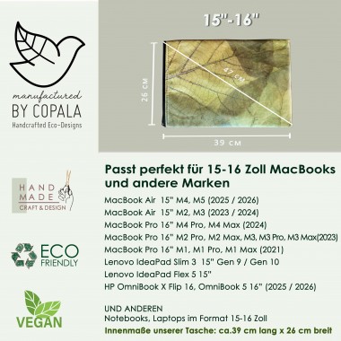 Nachhaltige vegane 15–16 Zoll Laptoptasche aus Blättern, MacBook Hülle – Vegan Leder mit Zipper in grün