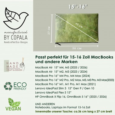 Laptop Hülle aus Blättern, wasserabweisende Notebook Tasche, MacBook Case in grün, 15 Zoll BY COPALA