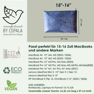 Laptop Hülle 15-16 Zoll aus echten Blättern, Vegane Laptoptasche Blattleder, Nachhaltiges Geschenk für MacBook, Handgemachtes Unikat - blau