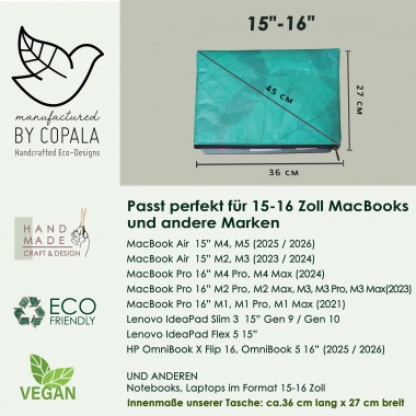 Gefütterte nachhaltige Laptop Hülle 15–16" aus Blattleder – Vegane, handgenähte & wasserabweisende Laptoptasche für MacBook Air/ Pro -türkis