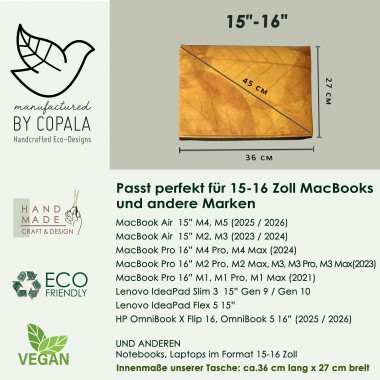 Gefütterte nachhaltige Laptop Hülle 15–16" aus Blattleder – Vegane, handgenähte & wasserabweisende Laptoptasche für MacBook Air /Pro in gelb