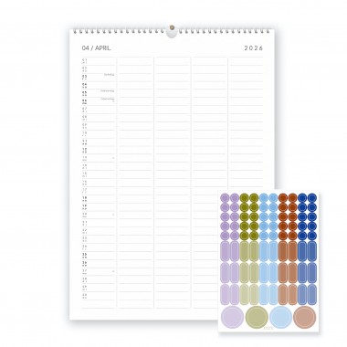 Familienkalender 2026, DIN A3 mit 5 Spalten, Kalender mit Aufklebern - SANS.