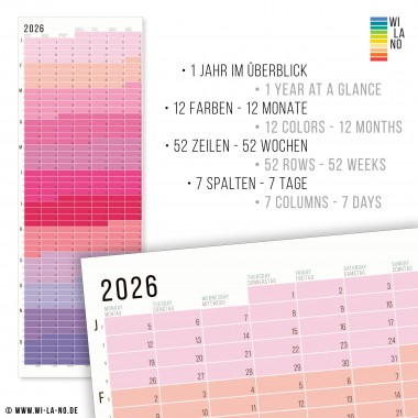 Wandkalender 2026 „Pink-Rosé-Violett“ Jahresplaner | Limited Edition | 100% Recyclingpapier | Deutsch-Englisch | Rückseite „Pastell-Türkis“