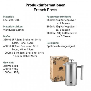 Grønenberg French Press Edelstahl 0,35 - 1 Liter | Thermo Kaffeebereiter doppelwandig  inkl. Ersatzfiltern