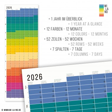 Wandkalender 2026 „Regenbogen“ Jahresplaner | Limited Edition | 100% Recyclingpapier | Deutsch-Englisch | Rückseite „Blue Hour“
