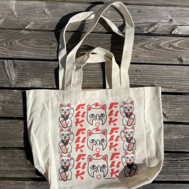 Tote Bag - Maneki Neko | Baumwolltasche mit Magnetverschluss & Innentasche | Lustige Einkaufstasche | Cooles Katzenmotiv für Katzenliebhaber