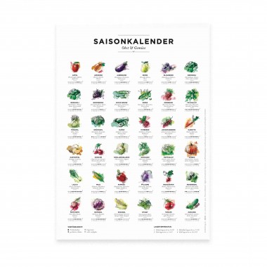Saisonkalender Obst & Gemüse, Format A4, Poster mit 36 Obst- & Gemüsesorten in Farbe
