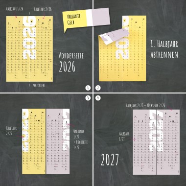 Wandkalender 2025 und 2026, 24 Monate verwendbar, A1-Jahresplaner, 2-Jahres-Kalender, Halbjahre abtrennbar, gelb // sperlingB.design