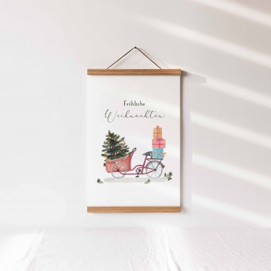 Paperlandscape | Aquarell Kunstdruck "Weihnachtsfahrrad" Weihnachtsposter | verschiedene Größen