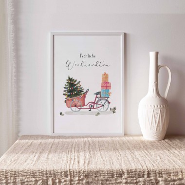 Paperlandscape | Aquarell Kunstdruck "Weihnachtsfahrrad" Weihnachtsposter | verschiedene Größen