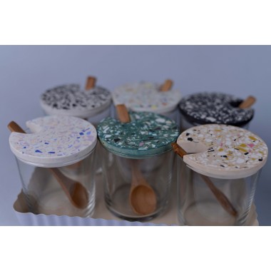 objet vague / Terrazzo Zuckerdose mit Holzlöffel / Blau