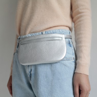 Flache Gürteltasche echt Leder Silber