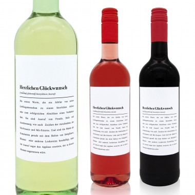 Etikett für Weinflaschen: "Herzlichen Glückwunsch" Definition