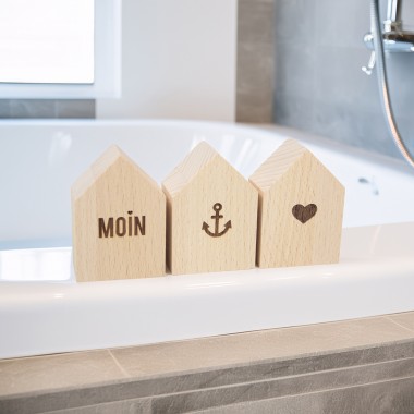 3er Set kleine Deko-Holzhäuschen Moin-Anker-Herz