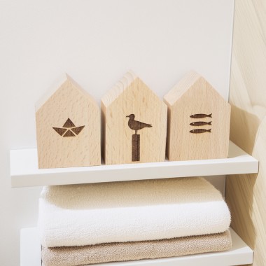 3er Set kleine Deko-Holzhäuschen Schiffchen-Möwe-Fische