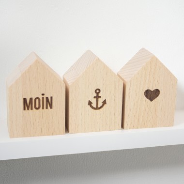 3er Set kleine Deko-Holzhäuschen Moin-Anker-Herz