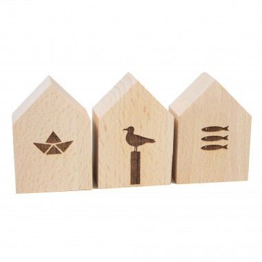 3er Set kleine Deko-Holzhäuschen Schiffchen-Möwe-Fische