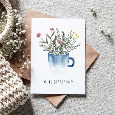 Paperlandscape | Faltkarte | "Gute Besserung" Tasse mit Blumen Blau