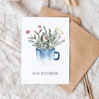Paperlandscape | Faltkarte | "Gute Besserung" Tasse mit Blumen Blau