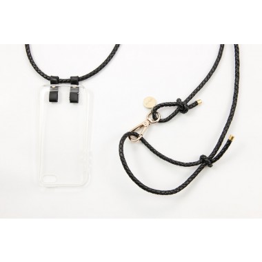 iPhone Hülle zum umhängen mit geflochtener Lederkordel, schwarz/gold