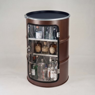 Lockengelöt - Grosse Hausbar-Vitrine aus Hamburger Ölfass
