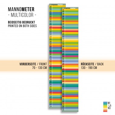 Minimalistische Design-Messlatte „mannometer“ | 70 bis 190 cm | Variante „multicolor“ | beidseitig bedruckt | 100% Recyclingpapier | Wi-La-No